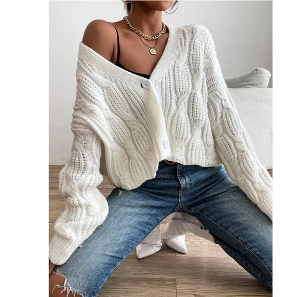 White Cable Knit Button Front Cardigan - Picture 3 of 7